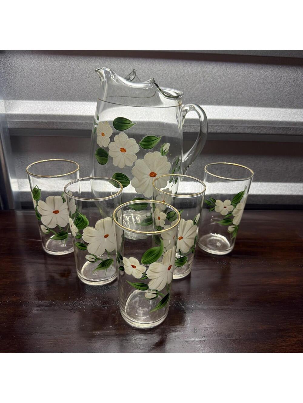 Vintage Federal Glass Iced Tea Set Hand Painted Daises Pitcher & 5 five Glasses